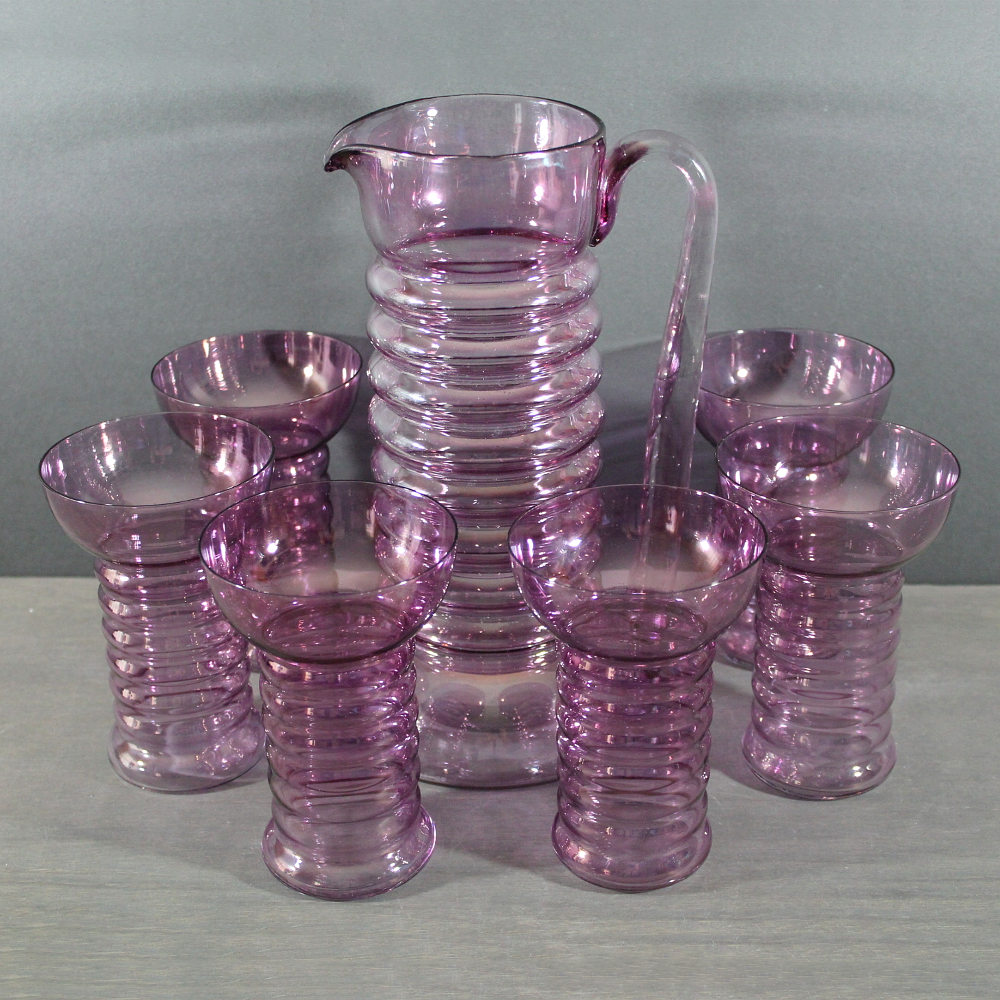 Vintage Rose Glass Pitcher with Lid / Dunbar Ringed Pitcher, Pink  Depression Glass
